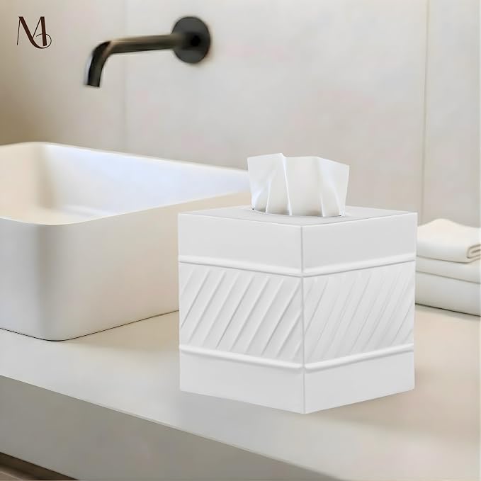 Monarch Abode Tissue Box Cover Square – Handcrafted Wave Embossed White Metal - Image 3