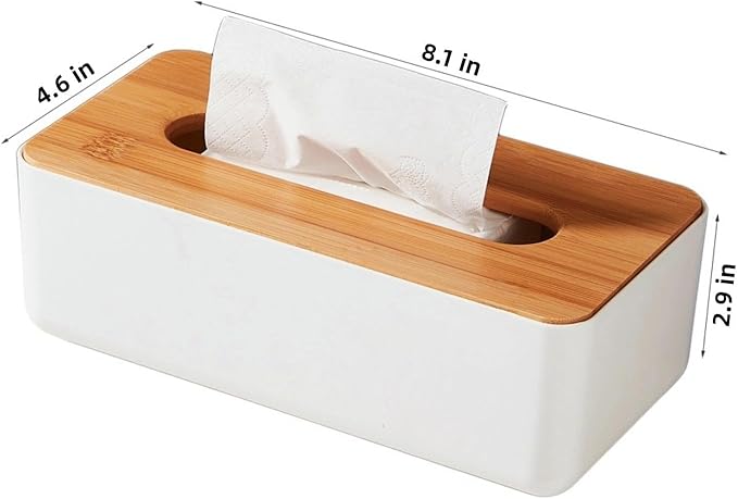 Tissue Box with Bamboo Cover, Plastic Tissue Organizer, Bathroom Tissue - Image 2