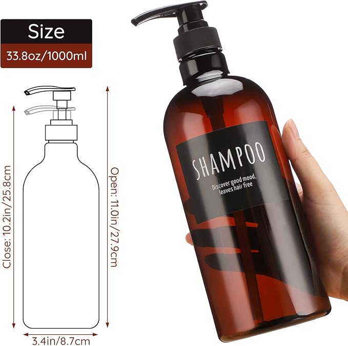 Empty Plastic Bottles with Labels, Segbeauty 33.8oz Large Brown Shampoo - Image 6