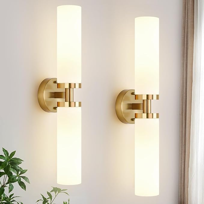 Wall Sconces Set of Two, Brushed Gold Bathroom Sconces Wall Lighting by Indoibrightenyourbathroom