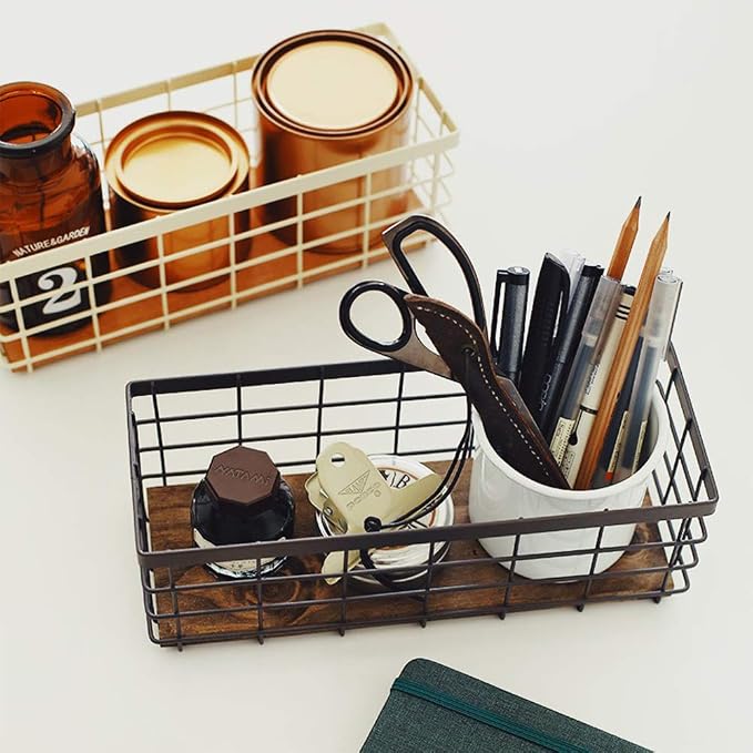 TIEYIPIN Small Metal Wire Storage Basket, Detachable Wood Base Storage - Image 4