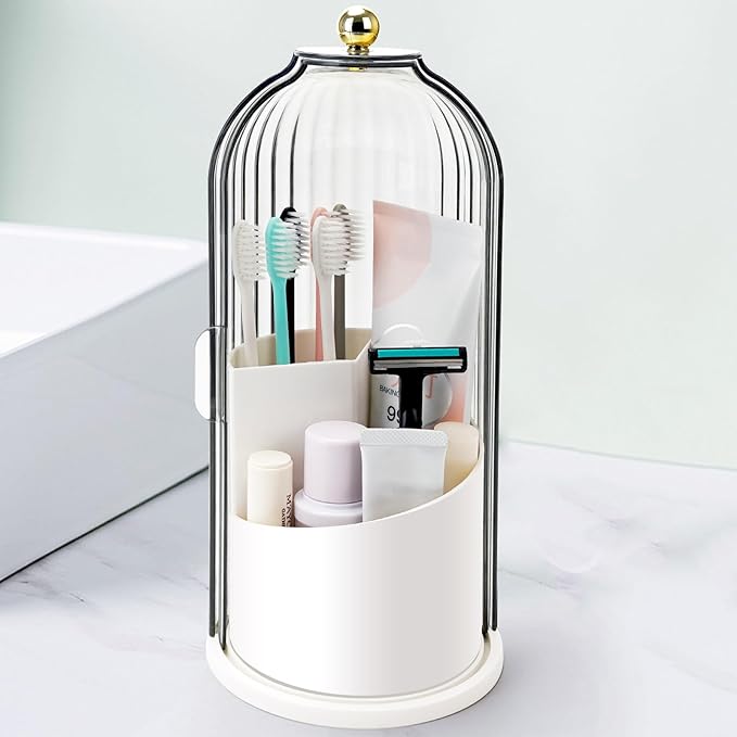 Toothbrush Holders with Sliding Lid, Rotating 3 Slots Bathroom Organizer by QIYVLOS
