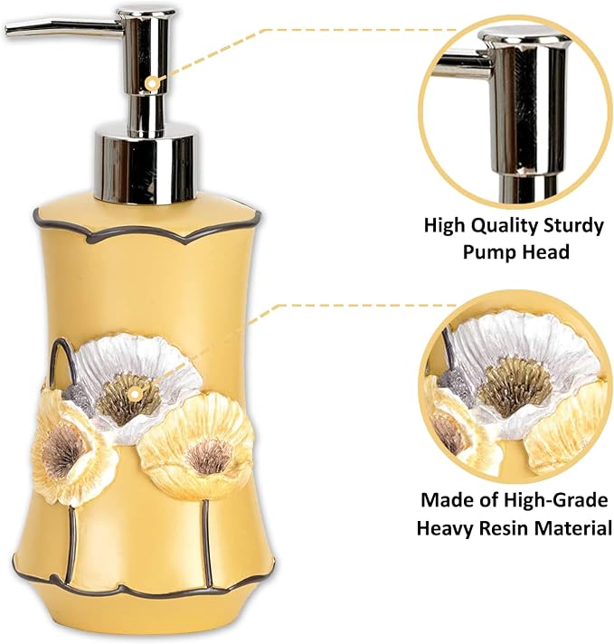Zahari Home 4pc Poppy Fields Yellow Bathroom Accessories Set Hand Soap Dispenser - Image 2