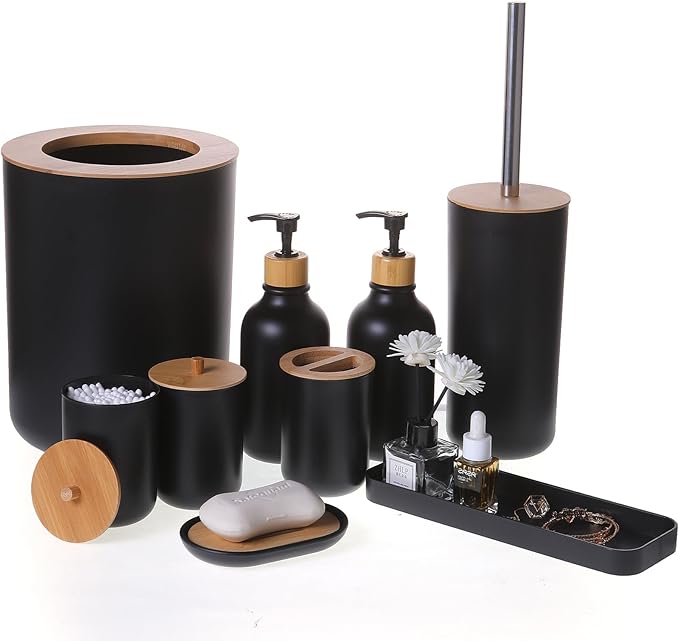 Matte Black Bathroom Accessories Set 9PCS, Bamboo Bathroom Accessories Sets by Unknown