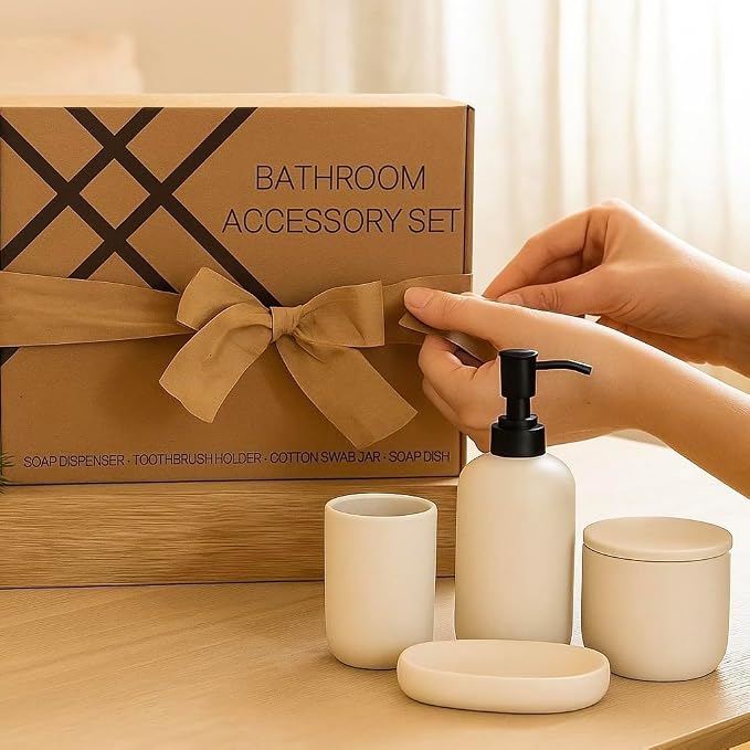 Ceramic Bathroom Accessories Set 4 Pcs – Modern Scandinavian Neutral Bathroom - Image 7