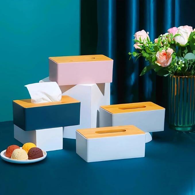 Tissue Box with Bamboo Cover, Plastic Kleenex Organizer, Bathroom Tissue - Image 4
