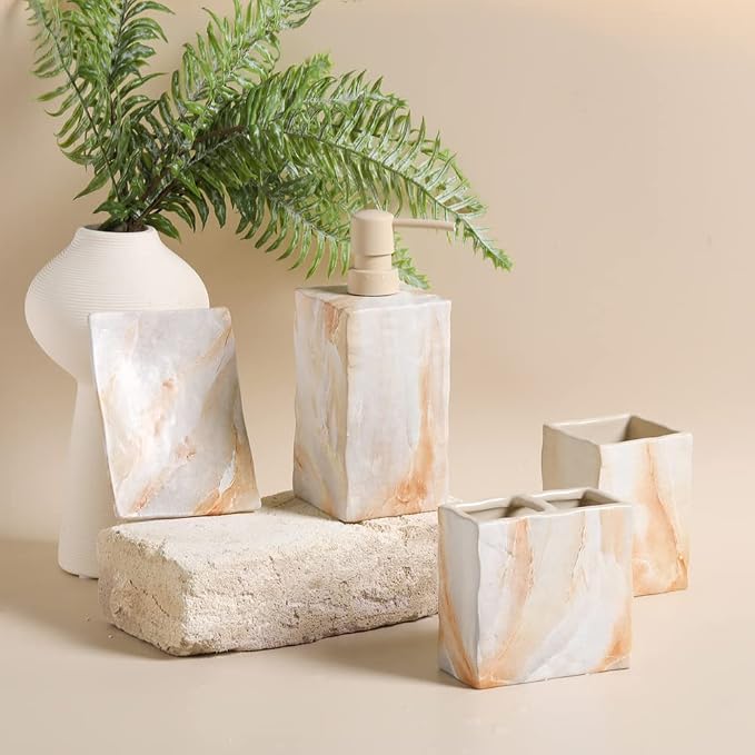 Bathroom Accessories Set 4 Pcs Marble Look Sets Toothbrush Holder Soap - Image 2