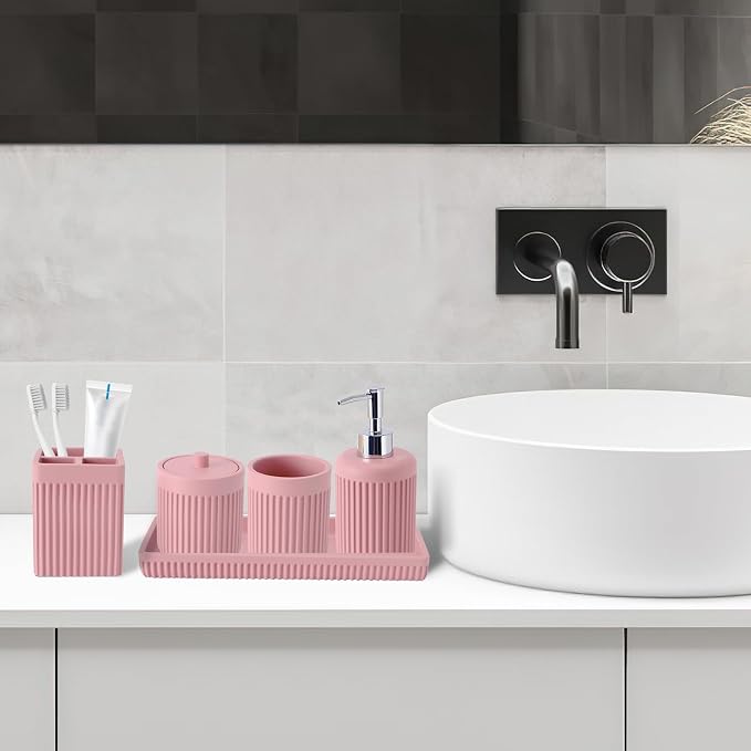 Resin Pink Bathroom Accessories Set 5 Pcs, Lotion Soap Dispenser, Toothbrush - Image 9