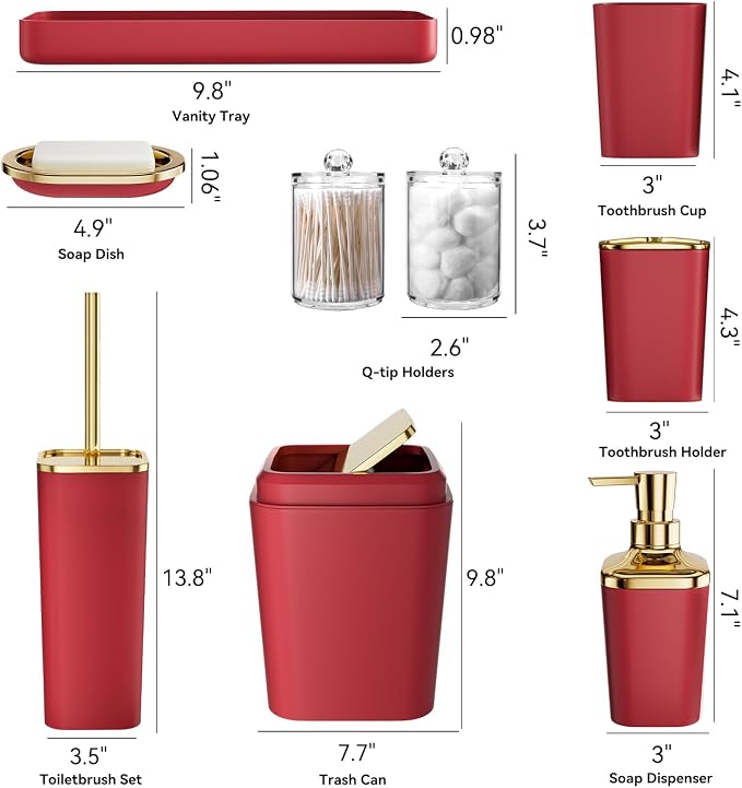 Dark Red Bathroom Accessory Set, 9-Piece Burgundy Bathroom Set - Image 8