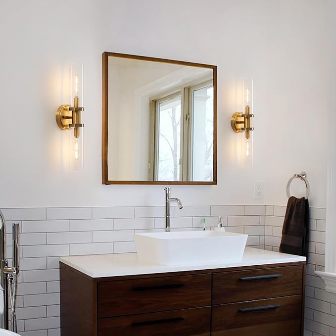 Wall Sconces Set of Two Brushed Brass Gold Sconces Lighting - Image 3