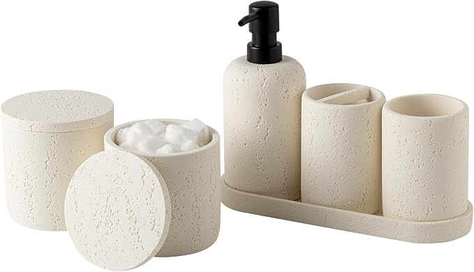 Bathroom Accessories Set, Travertine Stone-Look, Toothbrush Holder, Vanity Tray by AdornMyHomeEnjoyMyLife