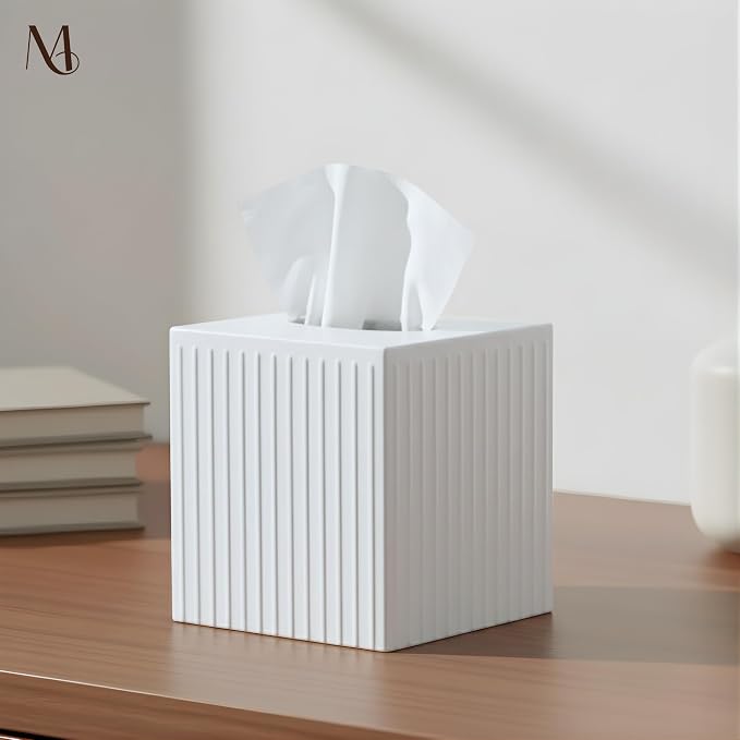 Monarch Abode Tissue Box Cover Square – Handcrafted Ridge Embossed White Metal - Image 2