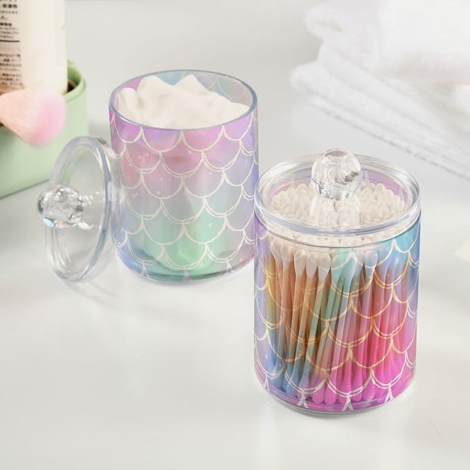 2 Pack Qtip Holder Dispenser for Cotton Ball Rainbow Scales Mermaid Cotton Swab - Image 2
