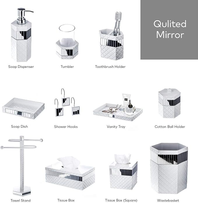 Creative Scents Quilted Mirror White Bathroom Accessories Set - Image 7