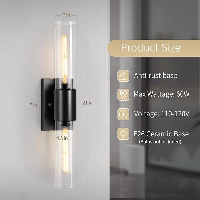 Bathroom Wall Sconces Set of Two Black, Hallway-Black Clear - Image 2