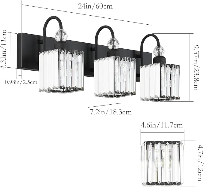 Ralbay Modern Crystal Black Vanity Light 3 Light Bathroom Light Fixtures Over - Image 7
