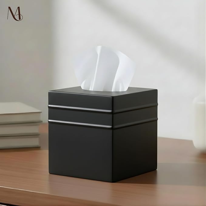 Monarch Abode Tissue Box Cover Square – Handcrafted Border Embossed Black Metal - Image 2