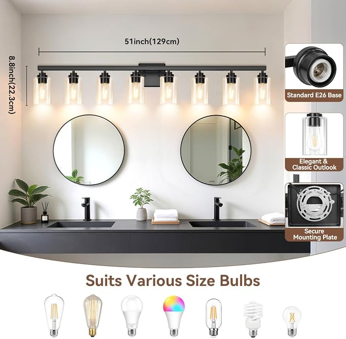8-Light Bathroom Light Fixtures, Matte Black Light Fixture, Classic Wall Light - Image 8