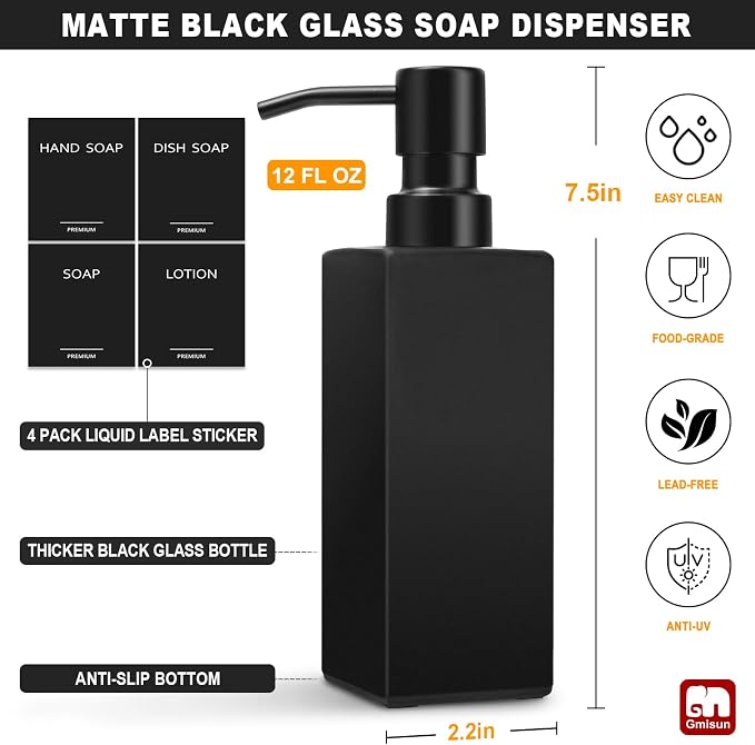GMISUN Black Soap Dispenser Bathroom, Glass Hand Soap Dispenser - Image 2