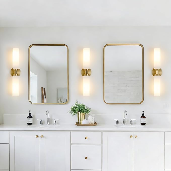 2 Light Brushed Brass Gold Bathroom Light Fixture Over Mirror, Modern Farmhouse - Image 2