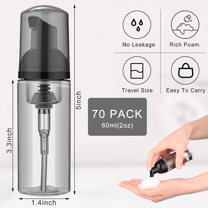 70 Pcs 2 oz Plastic Foam Soap Dispensers Refillable Lash Shampoo Bottles - Image 2