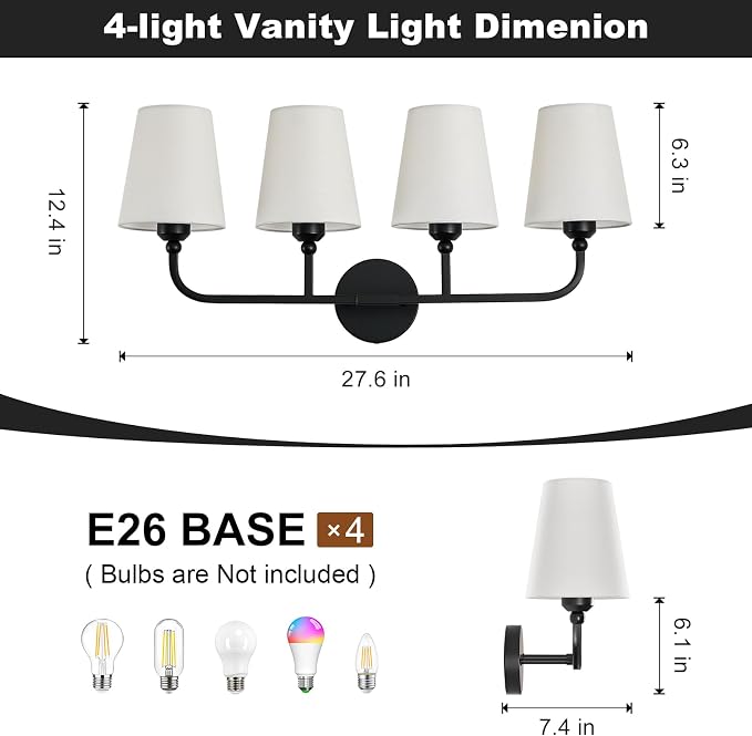 Bathroom Vanity Light, Matte Black Bathroom Light Fixtures, 4-Light Lighting - Image 3