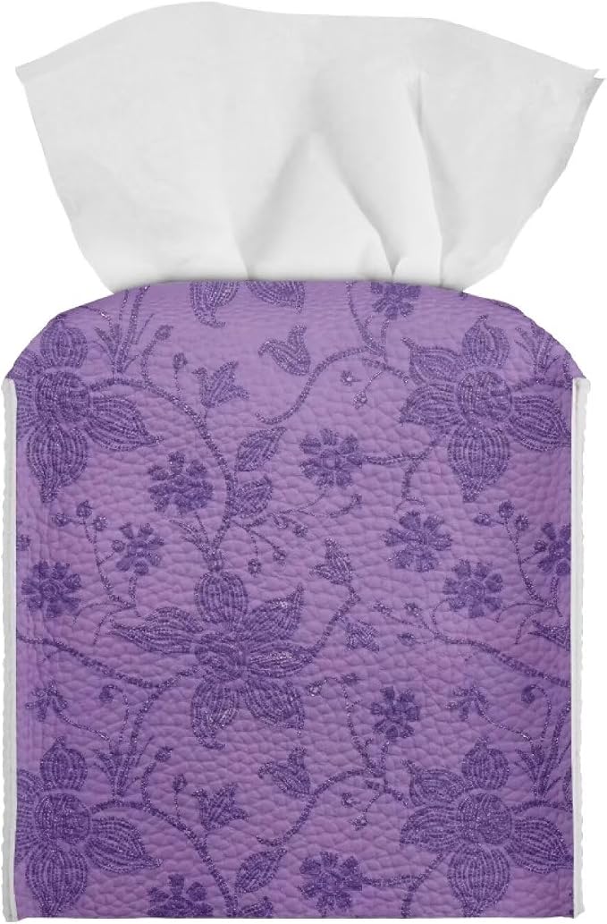 Purple Flowers Tissue Box Case PU Leather Square Modern Asthetic Tissue Box by Pzuqiu