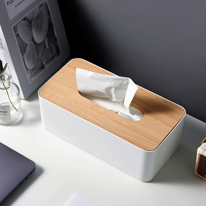 Tissue Box with Bamboo Cover, Plastic Tissue Organizer, Bathroom Tissue - Image 5