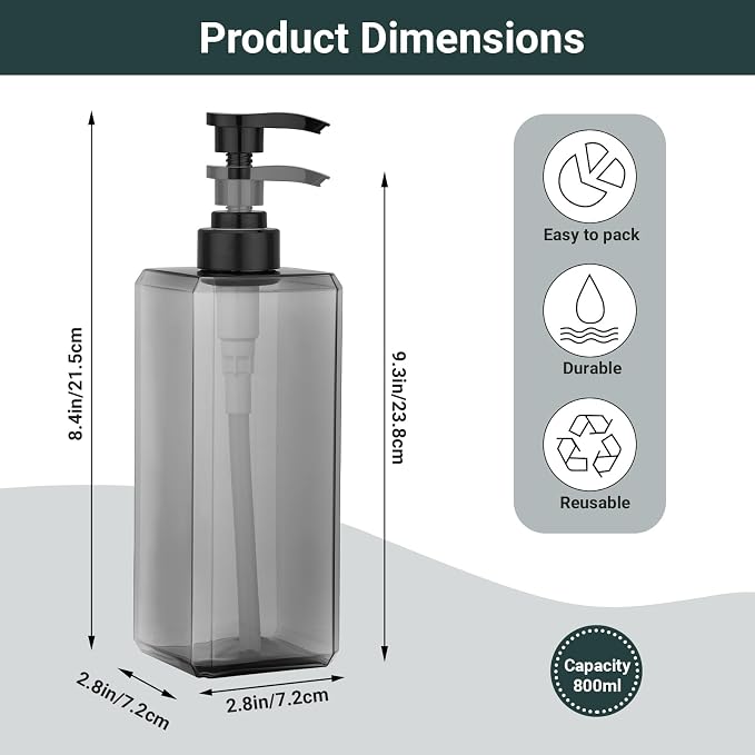 Suream 3 Packs Shampoo Dispenser, 27oz/800ml Square Plastic Shower Bottles - Image 2