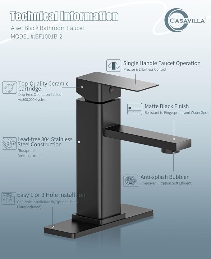 Bathroom Faucet Set with Pop Up Drain, Single Handle Black Bathroom Sink Faucet - Image 7