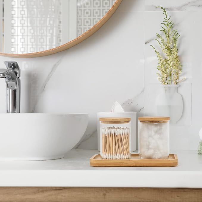 Bamboo Vanity Tray, Bathroom Tray Organizer Glass Qtip Holder Dispenser - Image 2