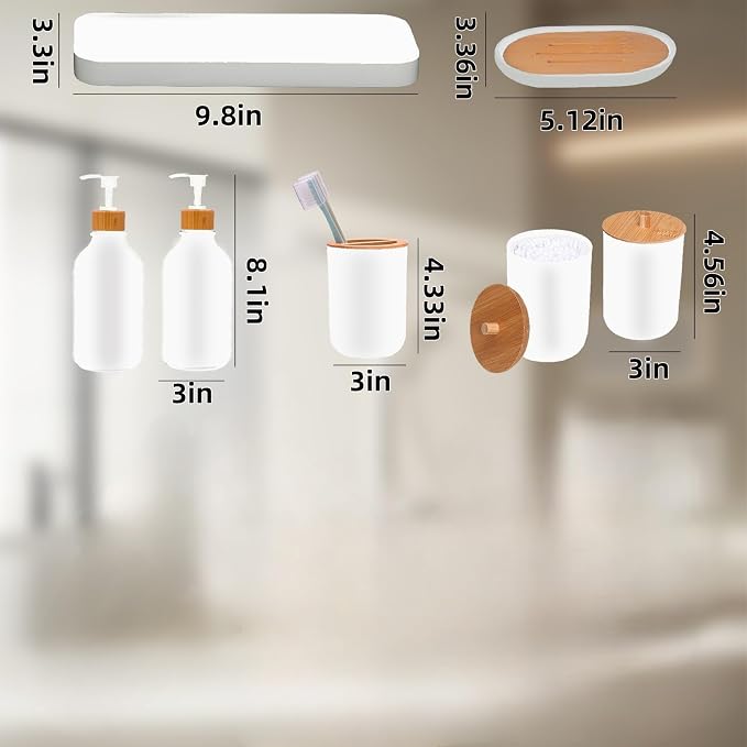 Matte White Bathroom Accessories Set 7 Pcs, Bamboo Bathroom Accessories Sets - Image 7
