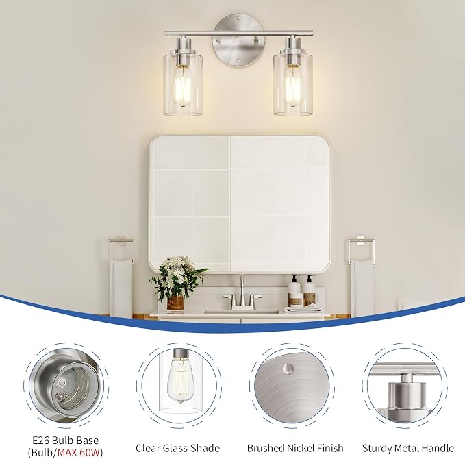 GORDNWE Bathroom Vanity Light Fixtures, 2 Light Brushed Nickel Bathroom Light - Image 5