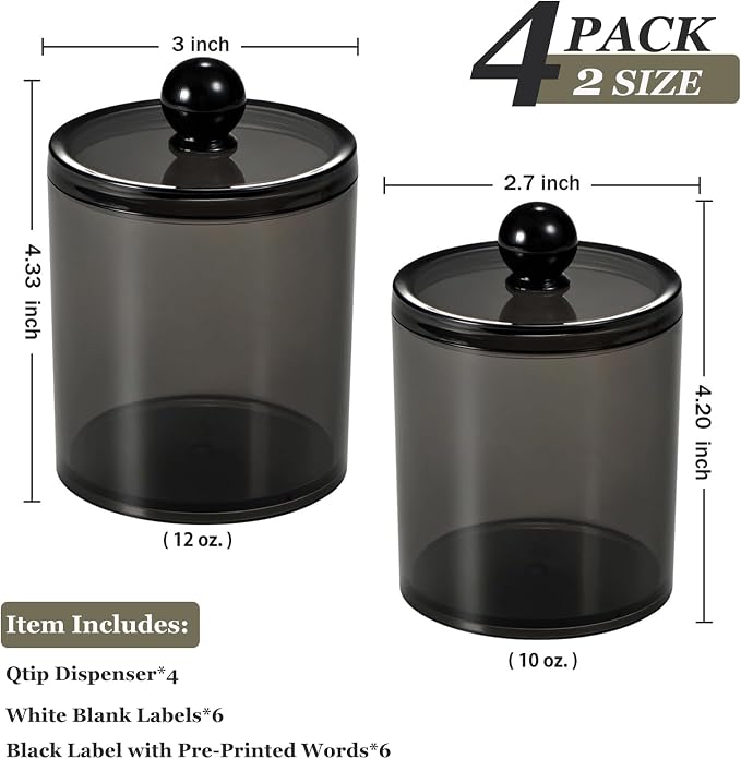 SheeChung 4-Pack Qtip Holder, Mixed Sizes Black Acrylic Apothecary Jars - 12oz - Image 3