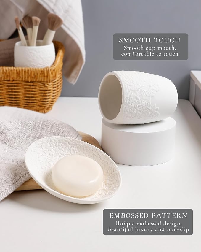 Bathroom Accessories Set with Embossed Design 4PCS, Ceramic White Bathroom - Image 4
