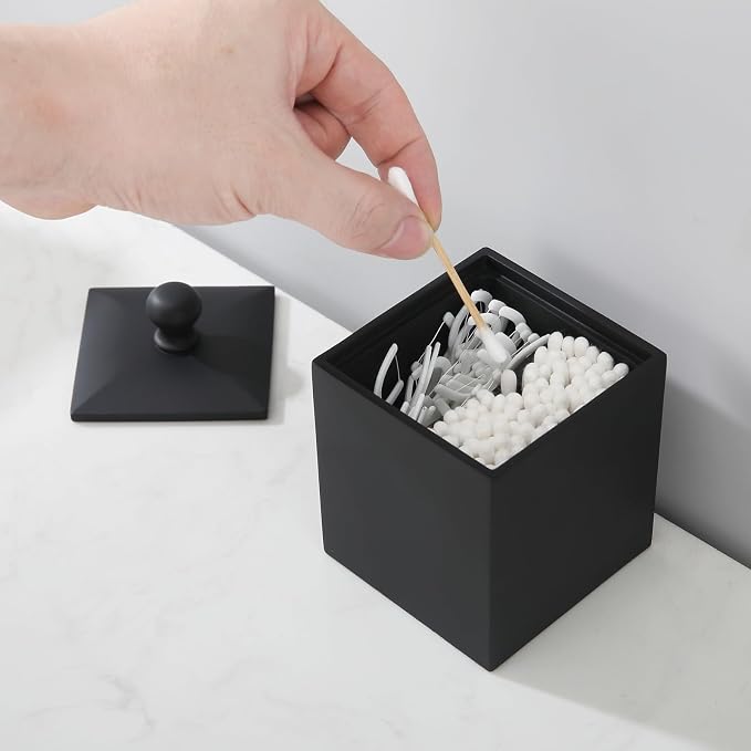 Cotton Swab Holder with Lid, Square Qtip Holder Bathroom Black, 2 Slot Resin - Image 5