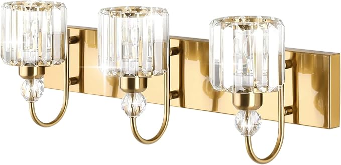 Ralbay Brass Gold Bathroom Vanity Lights 3-Lights Brass Gold Crystal Vanity - Image 2