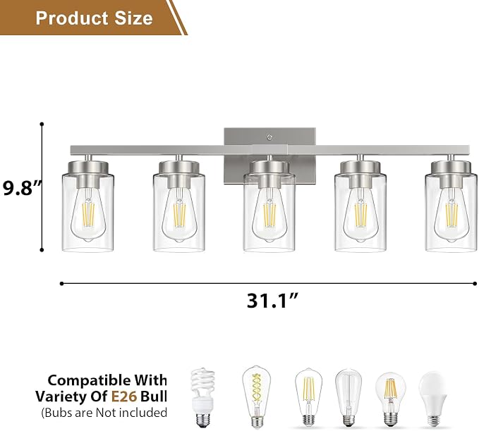 IZORRO Modern Bathroom Light Fixtures, 5 Light Brushed Nickel Vanity Lights - Image 3