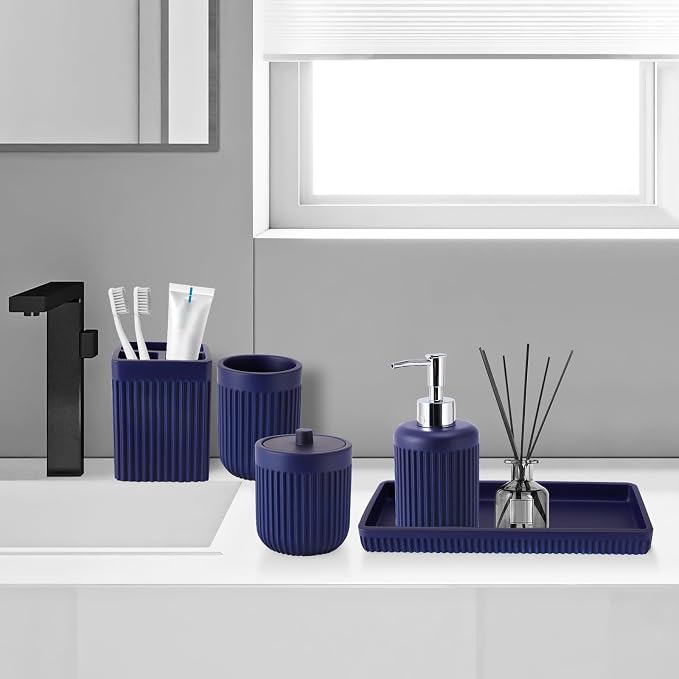Resin Navy Blue Bathroom Accessories Set 5 Pcs, Lotion Soap Dispenser, - Image 9