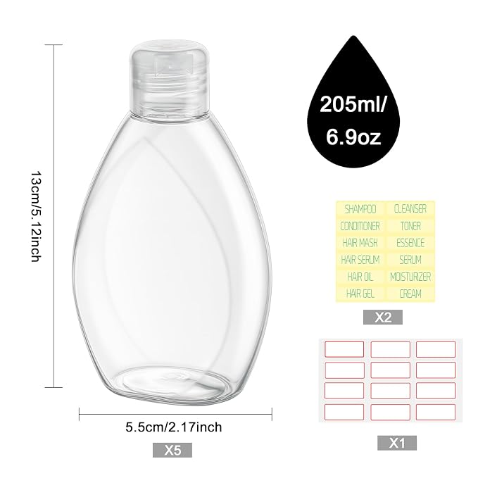Travel Shampoo and Conditioner Bottles 6.9oz 5 Pack Leak Proof Plastic Squeeze - Image 2
