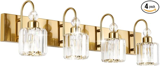 Ralbay Brass Gold Vanity Lights 4-Lights Crystal Bathroom Lighting Fixtures by RalbayLighting