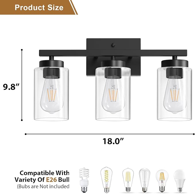 IZORRO Modern Bathroom Light Fixtures, 3 Light Black Vanity Lights, Bathroom - Image 5