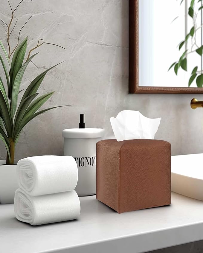 Leather Tissue Box Cover Square – Modern PU Leather Cube Tissue Box Holder - Image 3