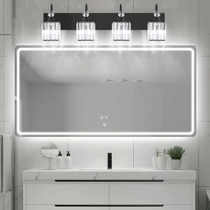 Ralbay Matte Black Crystal Vanity Light 4 Light Modern Crystal Bathroom - Image 3