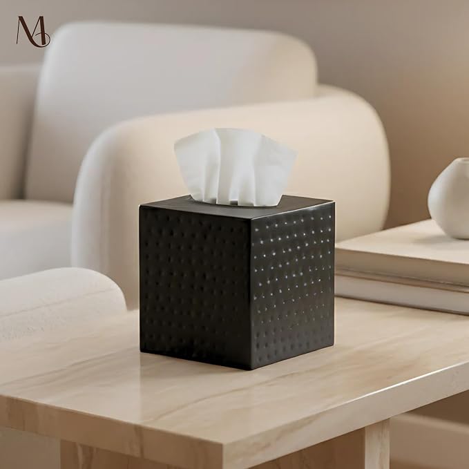 Monarch Abode Tissue Box Cover Square – Hand Hammered Black Metal Tissue Holder - Image 4