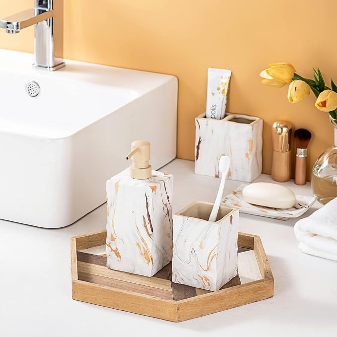 Bathroom Accessories Set 4 Pcs Marble Look Sets Toothbrush Holder Soap - Image 4