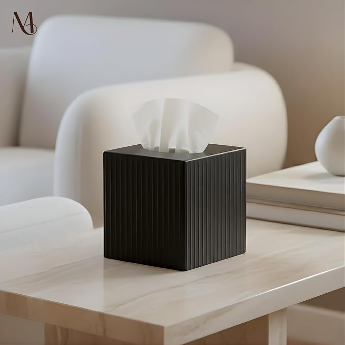 Monarch Abode Tissue Box Cover Square – Handcrafted Ridge Embossed Black Metal - Image 4