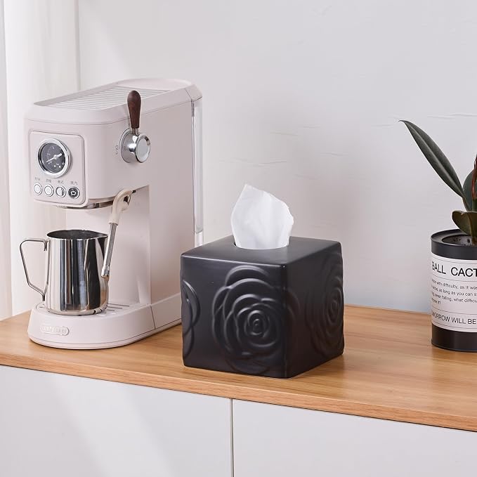 Black Ceramic Rose Tissue Box Cover, Carved Flowers Large Square Tissue Box - Image 6