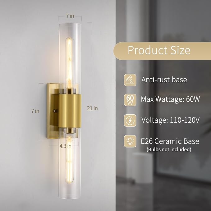 21" Gold Wall Sconces Set of Two, 2-Light Bathroom Sconces Vanity Light Tube - Image 2