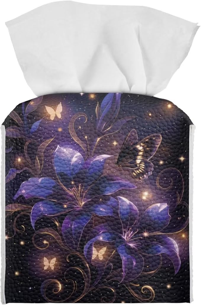 Purple Flower Tissue Box Holder Stylish Leather Square Tissue Box Cover by Pzuqiu